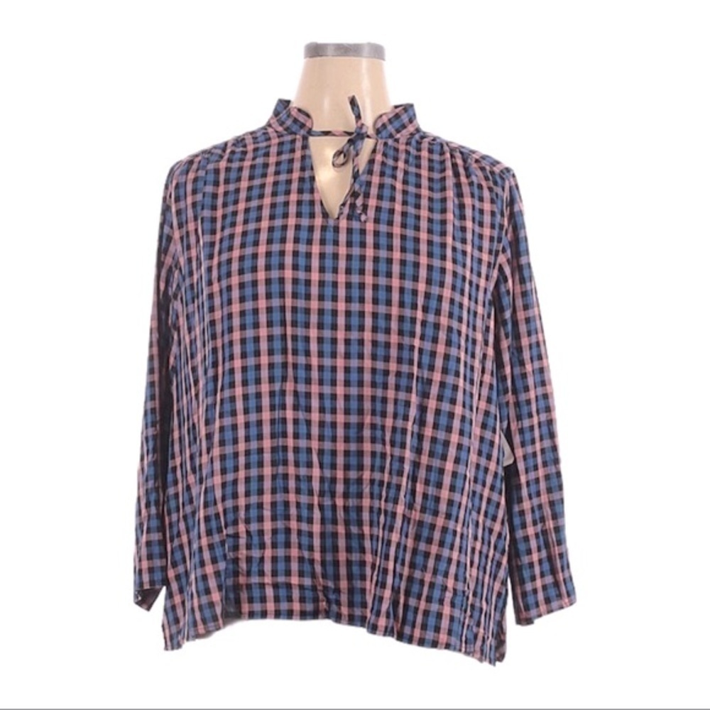 🌺 Old Navy Mandarin Blue Pink Plaid Blouse NWT Size XL